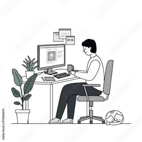 A person comfortably works at a minimalist home office desk with a computer, houseplant, and a napping pet cat, depicted in a 2D flat vector illustration on a white background.