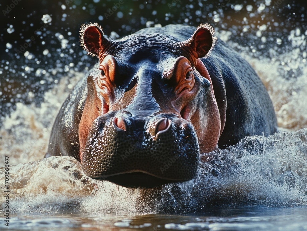 Fototapeta premium A hippopotamus charging through shallow water, creating dramatic splashes