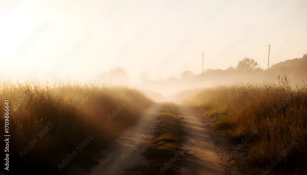 Fototapeta premium Serene Countryside Dirt Road in Golden Morning Light