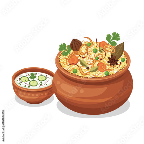 Delicious Indian Biryani and Raita in Clay Pots Vector