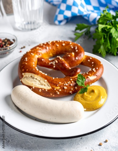 German Sausage with pretzel bun and Mustard