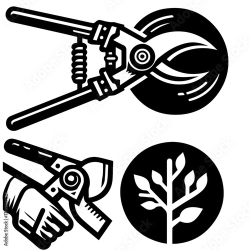 Illustration of gardening shears, hand holding shears and a plant in a circle in black and white