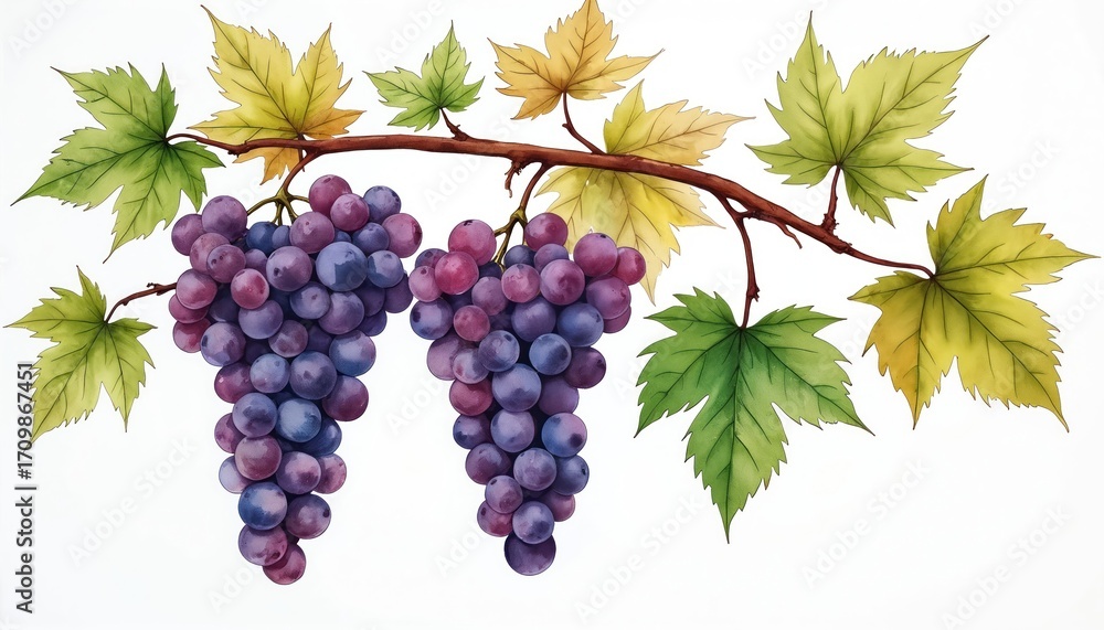 Obraz premium Watercolor illustration of ripe purple grape clusters hanging from vine branches with green, yellow autumn leaves. White background isolates fruit, emphasizing freshness, harvest abundance for wine,
