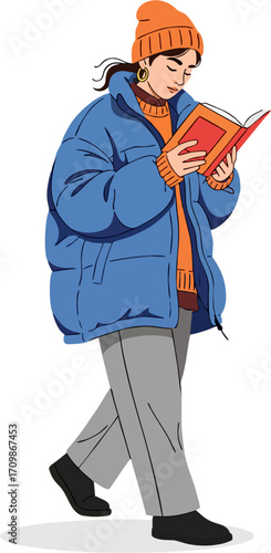 Illustration of a young female reader walking in white background. Woman reading a book while walking in a blue coat on a cold day.