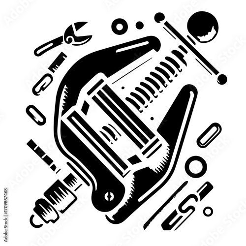 An artistic rendering of various mechanical tools and components in a black and white illustration style