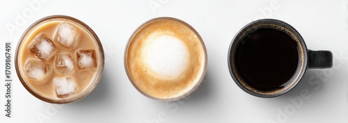 Three coffee drinks on a white background.  Top-down view of iced coffee, latte, and black coffee in separate glasses