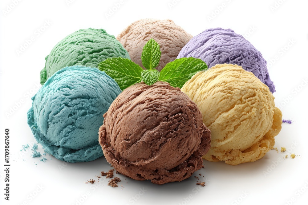 Fototapeta premium Assorted ice cream scoops, various colors, mint leaf