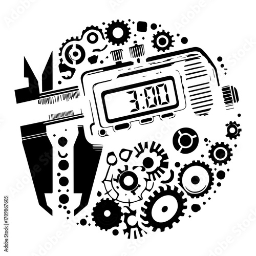 Illustration of a digital caliper displaying three o clock surrounded by various gears and cogs in black