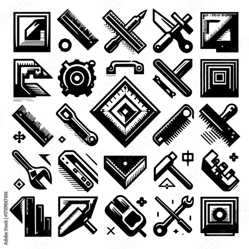 Illustration featuring a collection of various construction and handyman tools in black and white style design