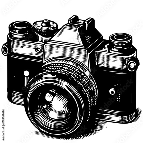Illustration of a vintage slr camera with a detailed lens and various knobs in a black and white style