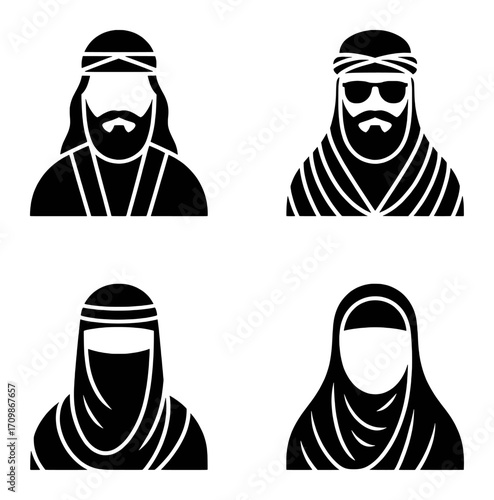 Set of Four Black and White Icons Representing Middle Eastern People