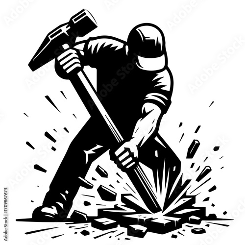 Illustration of a construction worker using a sledgehammer to break apart a solid material object block