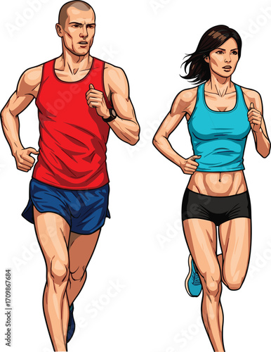 Running illustration, cartoon people, fitness activity, athletic wear, jogging scene, healthy lifestyle, sports outfit, motion pose, exercise moment, character design