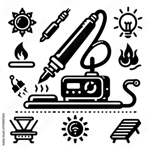 Illustration of a soldering iron station with various symbols around it in black and white style