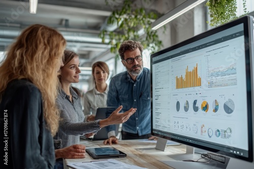 Business team collaborating on touchscreen to review and approve quarterly report with performance charts and financial analytics