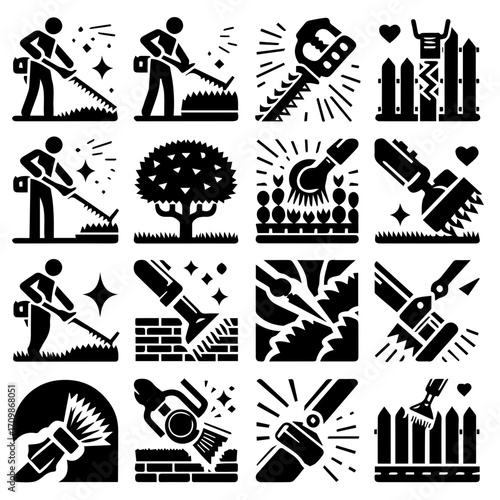 A collection of sixteen black and white icons depicting various gardening and landscaping activities and tools