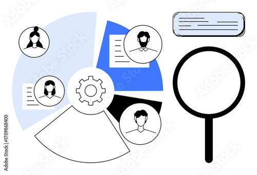 Magnifying glass, pie chart, profiles, gear, and text box represent teamwork, HR, and analytics. Ideal for hiring, workforce management business strategy data analysis market research