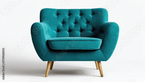 Teal velvet armchair, mid-century modern style,  with button tufting