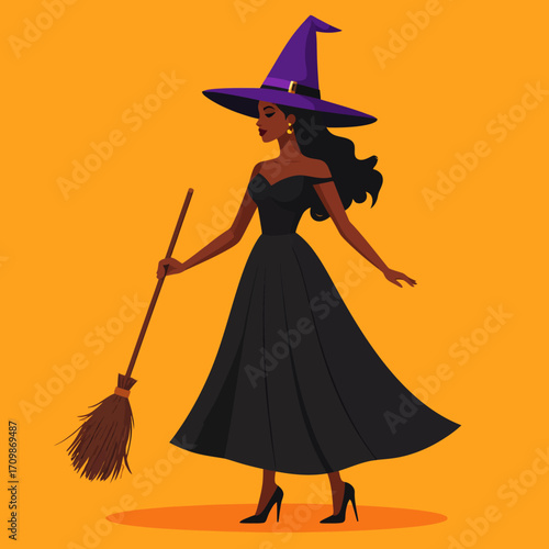 Elegant Black woman in a witch costume with a purple pointed hat and a long black dress, holding a broom. Flat vector illustration for Halloween