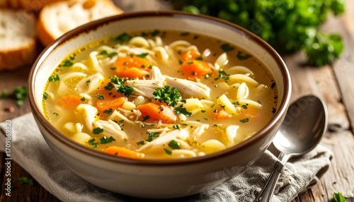 Bowl of steaming chicken noodle soup