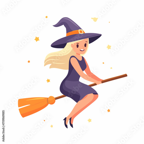 Smiling cartoon witch girl with blonde hair flying on a magic broomstick. Happy Halloween vector character