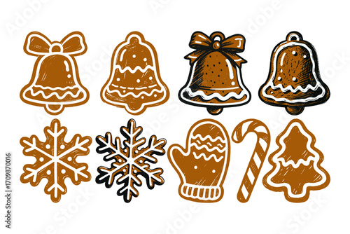 Assorted gingerbread cookies shaped like bells, snowflakes, tree, mitten, candy cane in hand-drawn style on white background, festive holiday theme