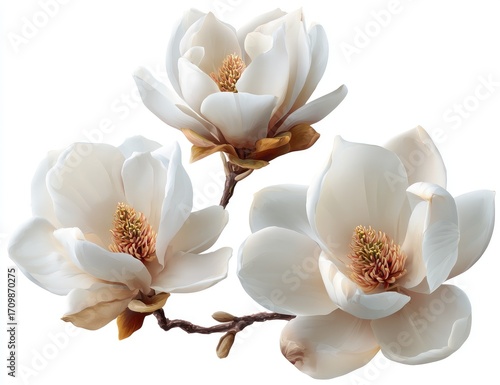 Three magnolia blossoms, delicate and creamy white, arranged in a loose cluster against a stark white background. Soft, muted tones highlight the flower petals and subtle brown centers.