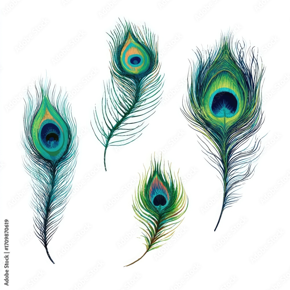 Fototapeta premium Four peacock feathers in vibrant colors