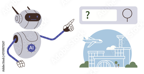 Robot with AI label pointing at a virtual search bar with question mark, next to airport scene including airplane and terminal. Ideal for AI navigation, travel assistance, innovation, automation