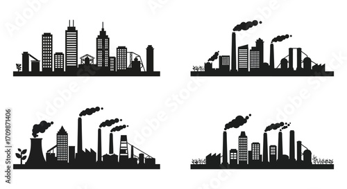 Industrial cityscapes with prominent smokestacks illustrating pollution concerns