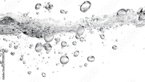 Water surface with bubbles.  A close-up view of water's surface, showcasing various sized bubbles rising and dispersing against a plain white background.  