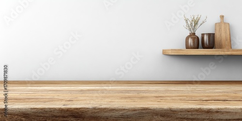 Empty wooden table and shelf against a light-gray wall.  Small, decorative items on shelf