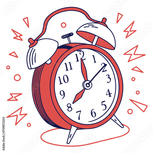 A classic red vintage alarm clock with a ribbon serving as a reminder for the morning deadline