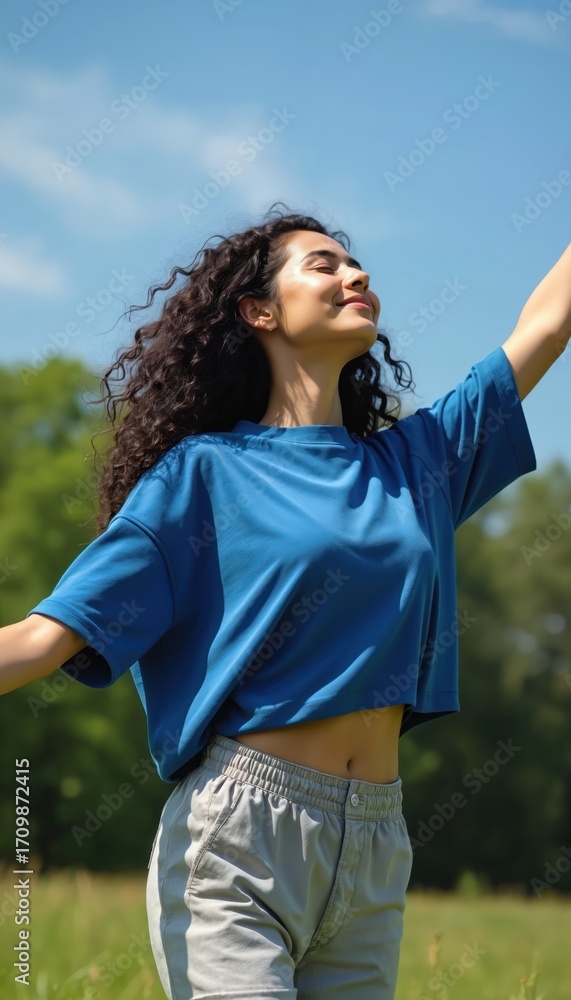 Naklejka premium Young woman enjoys sun with closed eyes outdoors, embracing nature. Blue top, gray shorts, long curly hair. Feeling peace, mindfulness, getting vitamin D. Promotes relaxation, well-being, spiritual