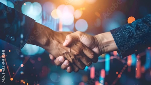 Successful Business Partnership Concept Depicted Through a Handshake, Stock Charts Background