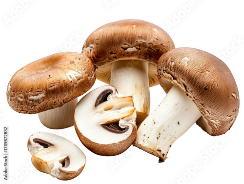 A group of portobello mushrooms with one sliced in half showing the gills on a black background
