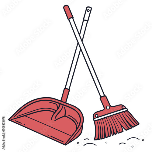 An isolated cleaning tool set featuring a broom, shovel, dustpan, and mop