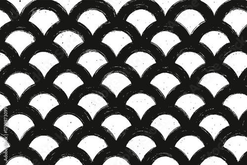 Black and White Hand Drawn Scallop Scale Pattern with Repeating Semi-Circular Waves Seamless Background