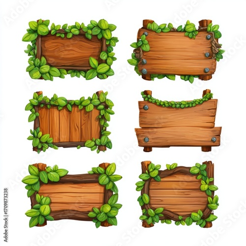 Six cartoon wooden signs with lush greenery.  Each sign is a different style,  rectangular and bordered with wood planks,  adorned with vibrant green leaves and vines. 