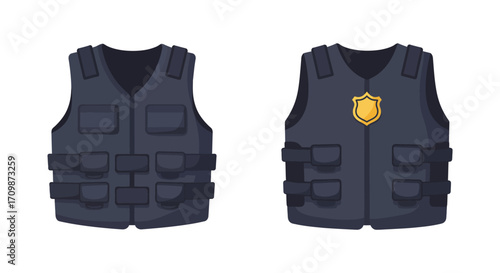 Two dark navy blue tactical vests with adjustable straps displayed clearly