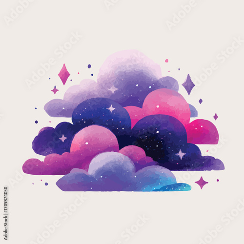 벡터 스타일의 화려하고 기발한 만화 구름과 별 배경