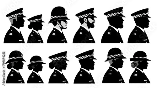 Black Silhouette Illustration – Police Officer Profiles, Uniform Styles, Hats, and Law Enforcement Icons