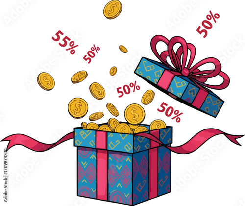 Open Gift Box with Falling Gold Coins and 50% Discount Text, Celebrating Savings, Discounts, Offers, Sales, and Financial Rewards