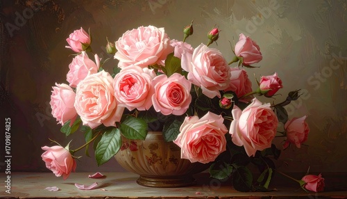 Fototapeta Naklejka Na Ścianę i Meble -  Still Life of Pink Roses in an Ornate Vase on Mottled Beige Surface