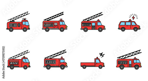 Colorful cartoon depictions of various red fire trucks with ladders