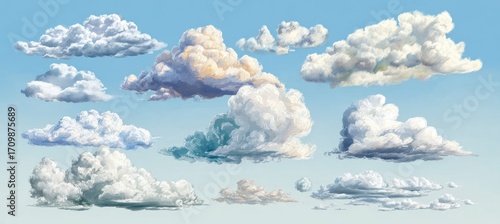 Collection of painted cumulus clouds against a light blue sky