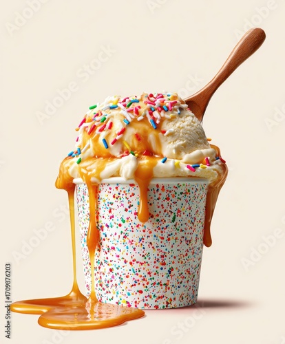 Caramel-drizzled ice cream sundae in a paper cup, topped with colorful sprinkles.  A wooden spoon rests on top