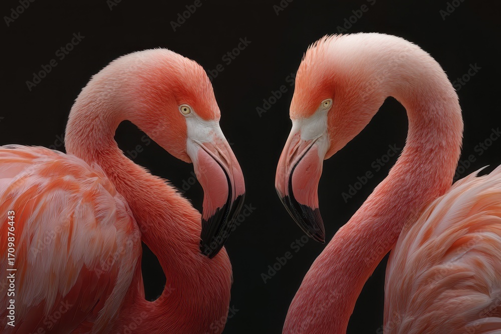 Naklejka premium Two flamingos interact closely with their necks intertwined on a dark background showcasing their vibrant pink feathers and distinctive features