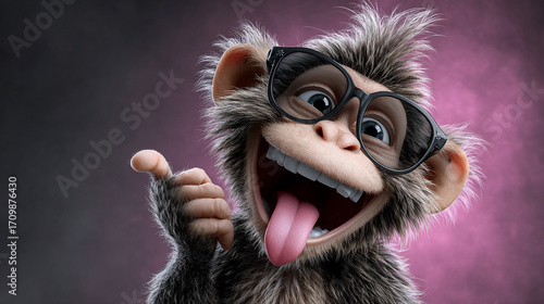 Cartoon monkey in close-up. She has a funny expression on her face, she smiles, showing her teeth, and sticks out her tongue.
