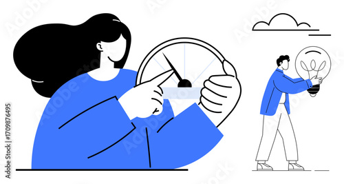 Woman measuring with gauge and man holding plant in light bulb. Ideal for sustainability, innovation, growth, eco solutions, progress, efficiency, teamwork. Simple flat metaphor